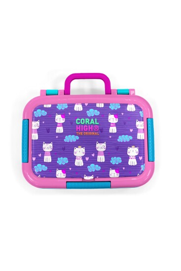 Coral High Kids Mor Pembe Kedi Desenli Paslanmaz Çelik Beslenme Kabı 39206 - 5