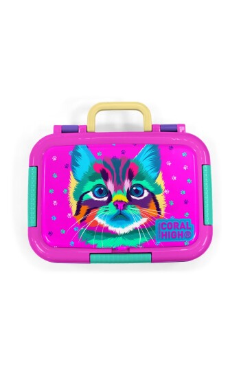 Coral High Kids Mor Pembe Kedi Desenli Paslanmaz Çelik Beslenme Kabı 39319 - 5