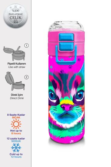 Coral High Kids Mor Pembe Kedi Desenli Pipetli ve Direkt İçim Çelik Termos 500 ml 31800 - Coral High KIDS