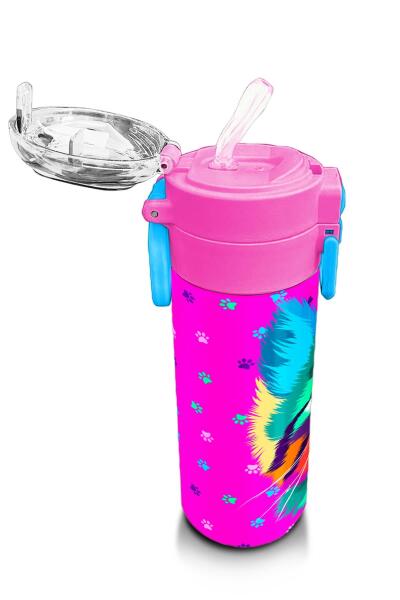 Coral High Kids Mor Pembe Kedi Desenli Pipetli ve Direkt İçim Çelik Termos 500 ml 31800 - 5
