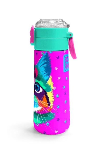 Coral High Kids Mor Pembe Kedi Desenli Pipetli ve Direkt İçim Çelik Termos 500 ml 31800 - 3