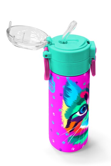Coral High Kids Mor Pembe Kedi Desenli Pipetli ve Direkt İçim Çelik Termos 500 ml 31800 - 5