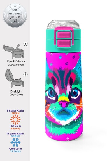 Coral High Kids Mor Pembe Kedi Desenli Pipetli ve Direkt İçim Çelik Termos 500 ml 31800 
