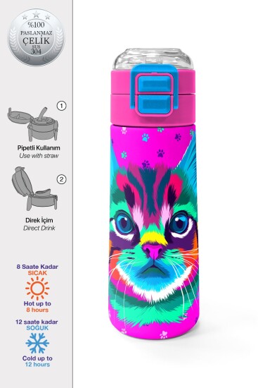 Coral High Kids Mor Pembe Kedi Desenli Pipetli ve Direkt İçim Çelik Termos 500 ml 31800 - 1