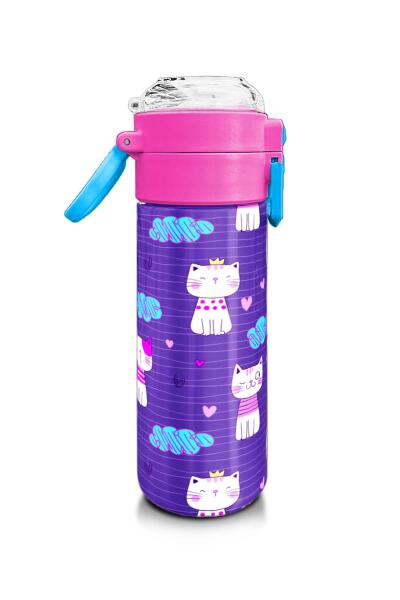 Coral High Kids Mor Pembe Kedi Desenli Pipetli ve Direkt İçim Çelik Termos 500 ml 31911 - 2