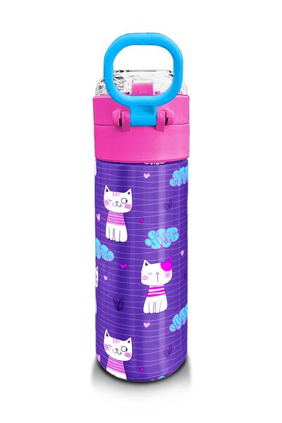 Coral High Kids Mor Pembe Kedi Desenli Pipetli ve Direkt İçim Çelik Termos 500 ml 31911 - 3