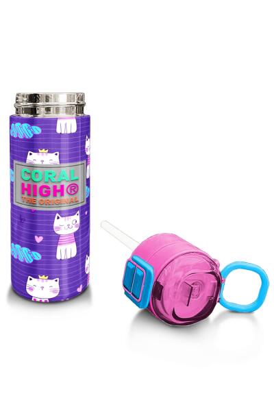 Coral High Kids Mor Pembe Kedi Desenli Pipetli ve Direkt İçim Çelik Termos 500 ml 31911 - 4