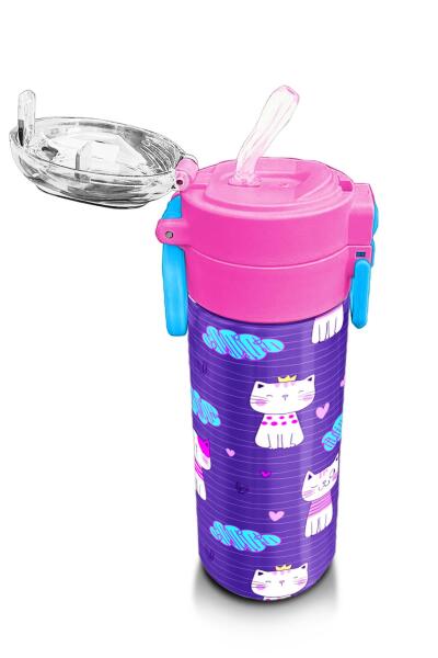 Coral High Kids Mor Pembe Kedi Desenli Pipetli ve Direkt İçim Çelik Termos 500 ml 31911 - 5