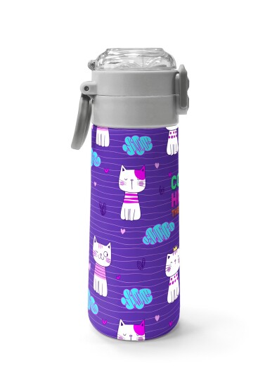 Coral High Kids Mor Pembe Kedi Desenli Pipetli ve Direkt İçim Çelik Termos 500 ml 31911 - 2
