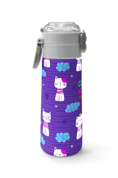 Coral High Kids Mor Pembe Kedi Desenli Pipetli ve Direkt İçim Çelik Termos 500 ml 31911 - 2