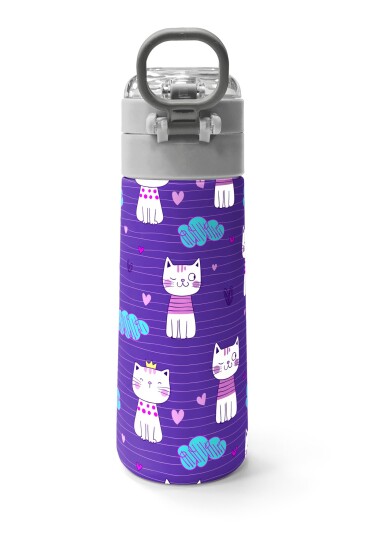 Coral High Kids Mor Pembe Kedi Desenli Pipetli ve Direkt İçim Çelik Termos 500 ml 31911 - 4