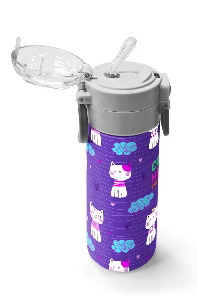 Coral High Kids Mor Pembe Kedi Desenli Pipetli ve Direkt İçim Çelik Termos 500 ml 31911 - 5