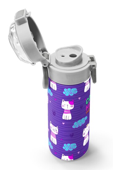 Coral High Kids Mor Pembe Kedi Desenli Pipetli ve Direkt İçim Çelik Termos 500 ml 31911 - 6