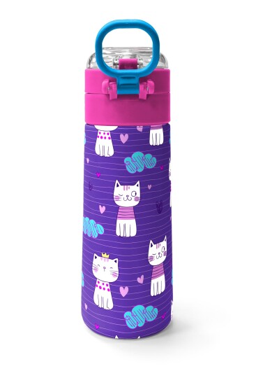 Coral High Kids Mor Pembe Kedi Desenli Pipetli ve Direkt İçim Çelik Termos 500 ml 31911 - 4