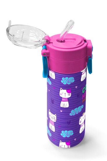 Coral High Kids Mor Pembe Kedi Desenli Pipetli ve Direkt İçim Çelik Termos 500 ml 31911 - 5