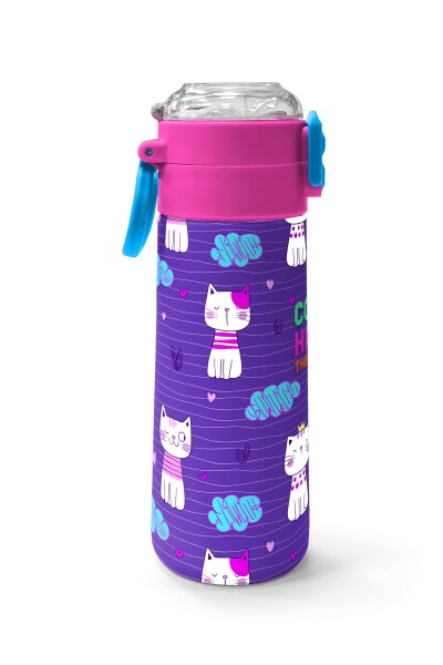 Coral High Kids Mor Pembe Kedi Desenli Pipetli ve Direkt İçim Çelik Termos 500 ml 31911 - 2