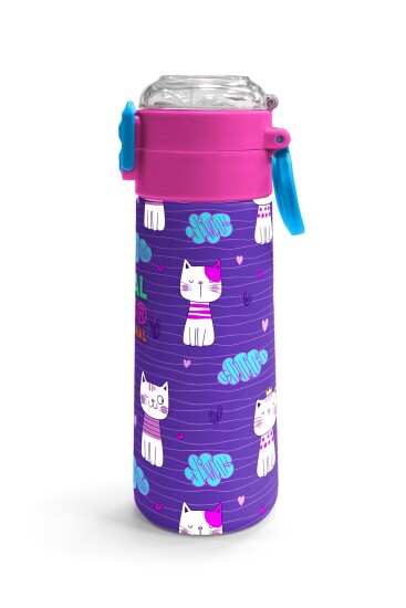 Coral High Kids Mor Pembe Kedi Desenli Pipetli ve Direkt İçim Çelik Termos 500 ml 31911 - 3