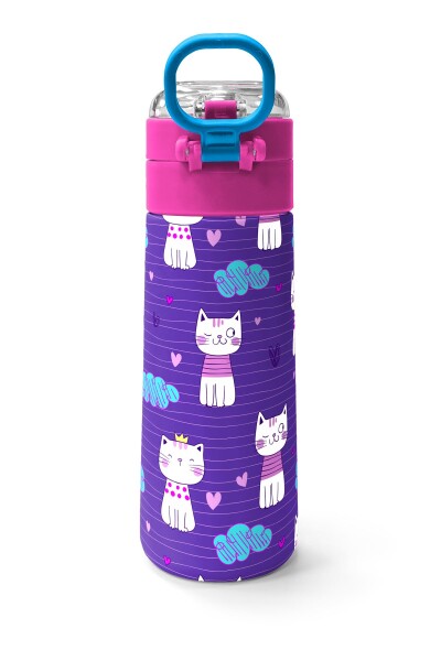 Coral High Kids Mor Pembe Kedi Desenli Pipetli ve Direkt İçim Çelik Termos 500 ml 31911 - 4