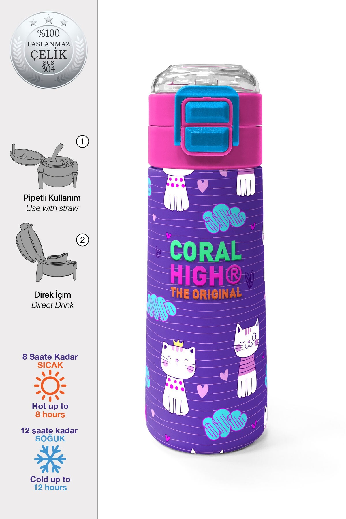 Coral High Kids Mor Pembe Kedi Desenli Pipetli ve Direkt İçim Çelik Termos 500 ml 31911