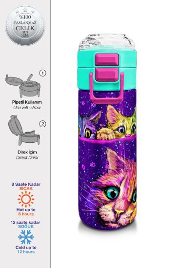 Coral High Kids Mor Pembe Kedi Desenli Pipetli ve Direkt İçim Çelik Termos 500 ml 31939 - Coral High KIDS
