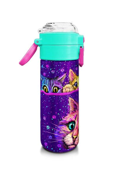 Coral High Kids Mor Pembe Kedi Desenli Pipetli ve Direkt İçim Çelik Termos 500 ml 31939 - 2