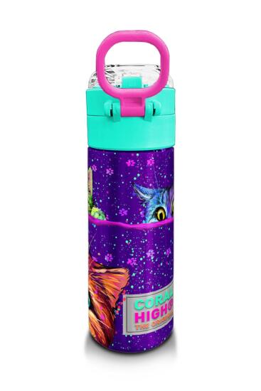 Coral High Kids Mor Pembe Kedi Desenli Pipetli ve Direkt İçim Çelik Termos 500 ml 31939 - 3
