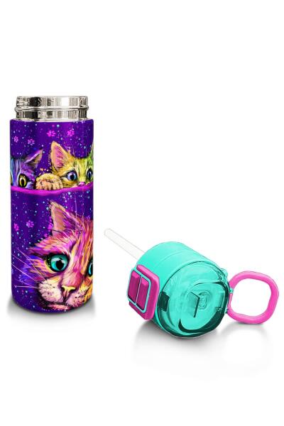 Coral High Kids Mor Pembe Kedi Desenli Pipetli ve Direkt İçim Çelik Termos 500 ml 31939 - 4