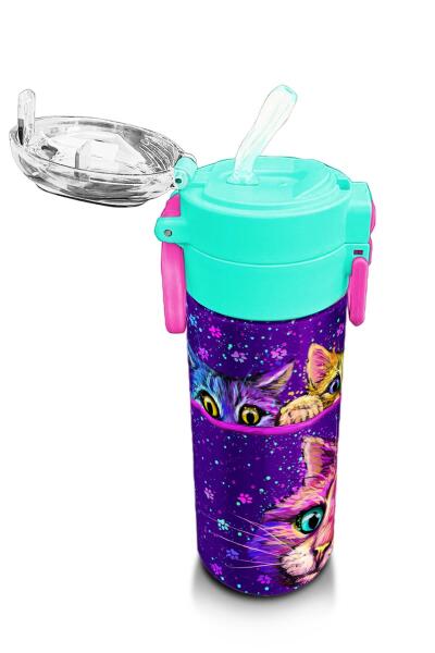 Coral High Kids Mor Pembe Kedi Desenli Pipetli ve Direkt İçim Çelik Termos 500 ml 31939 - 5