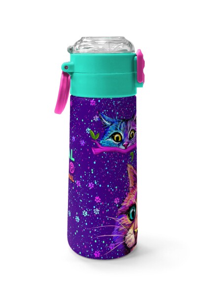 Coral High Kids Mor Pembe Kedi Desenli Pipetli ve Direkt İçim Çelik Termos 500 ml 31939 - 2