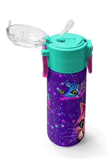 Coral High Kids Mor Pembe Kedi Desenli Pipetli ve Direkt İçim Çelik Termos 500 ml 31939 - 5