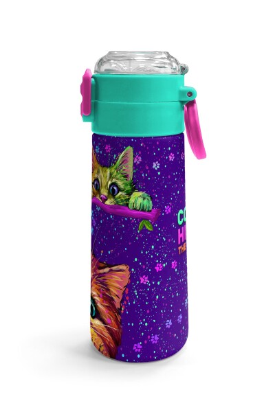 Coral High Kids Mor Pembe Kedi Desenli Pipetli ve Direkt İçim Çelik Termos 500 ml 31939 - 3