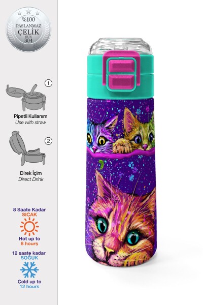 Coral High Kids Mor Pembe Kedi Desenli Pipetli ve Direkt İçim Çelik Termos 500 ml 31939 - 1