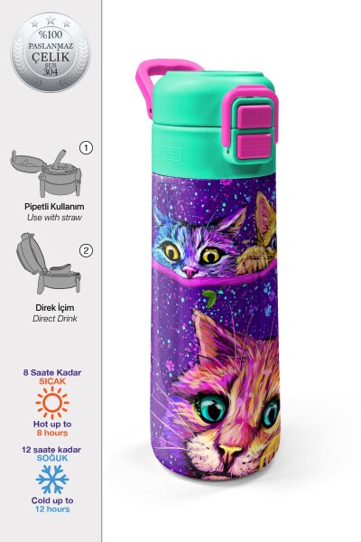 Coral High Kids Mor Pembe Kedi Desenli Pipetli ve Direkt İçim Çelik Termos 500 ml 31939 - 1
