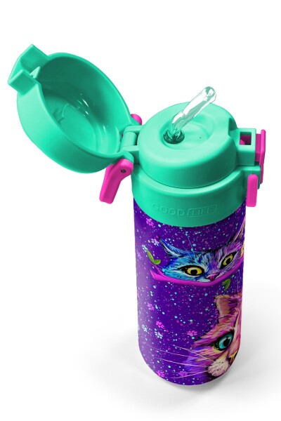 Coral High Kids Mor Pembe Kedi Desenli Pipetli ve Direkt İçim Çelik Termos 500 ml 31939 - 2
