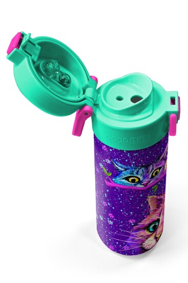 Coral High Kids Mor Pembe Kedi Desenli Pipetli ve Direkt İçim Çelik Termos 500 ml 31939 - 3