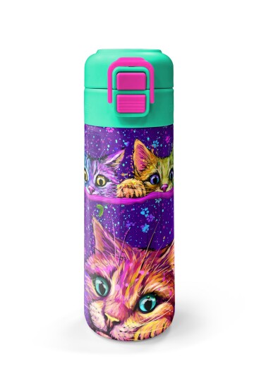 Coral High Kids Mor Pembe Kedi Desenli Pipetli ve Direkt İçim Çelik Termos 500 ml 31939 - 4