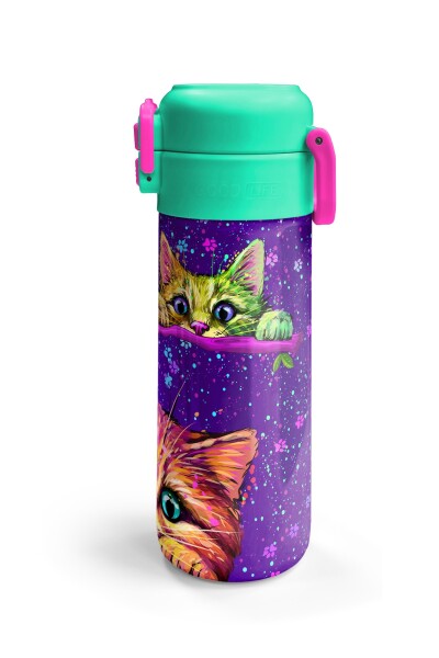 Coral High Kids Mor Pembe Kedi Desenli Pipetli ve Direkt İçim Çelik Termos 500 ml 31939 - 6