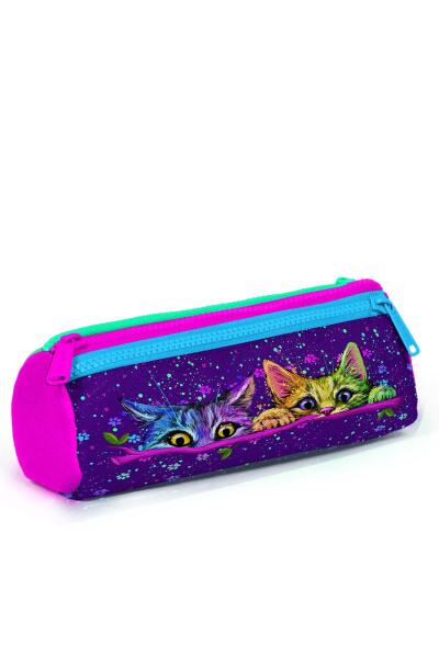 Coral High Kids Mor Pembe Kedi Desenli Üç Bölmeli Kalem Çantası 22032 - 3