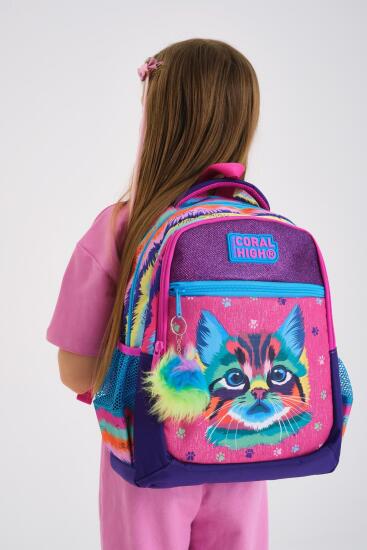 Coral High Kıds Mor Pembe Kedi Desenli Üç Bölmeli Okul Sırt Çantası 23477 - 2