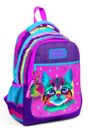 Coral High Kıds Mor Pembe Kedi Desenli Üç Bölmeli Okul Sırt Çantası 23477 - 1