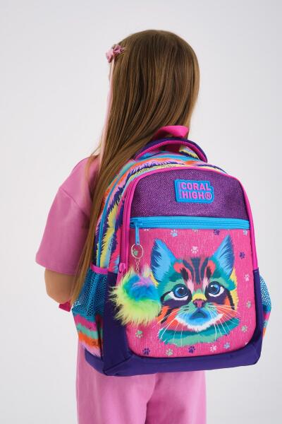 Coral High Kıds Mor Pembe Kedi Desenli Üç Bölmeli Okul Sırt Çantası 23477 - 2
