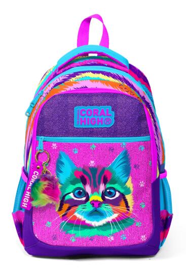 Coral High Kıds Mor Pembe Kedi Desenli Üç Bölmeli Okul Sırt Çantası 23477 - 9
