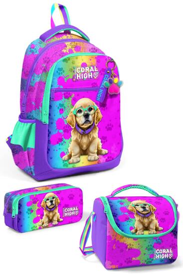 Coral High Kids Mor Pembe Köpek Desenli 3’lü Okul Çanta Seti SET0123649 - Coral High