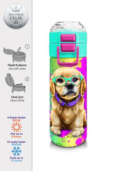 Coral High Kids Mor Pembe Köpek Desenli Pipetli ve Direkt İçim Çelik Termos 500 ml 31813 - Coral High KIDS