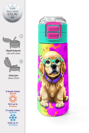 Coral High Kids Mor Pembe Köpek Desenli Pipetli ve Direkt İçim Çelik Termos 500 ml 31813 - 1