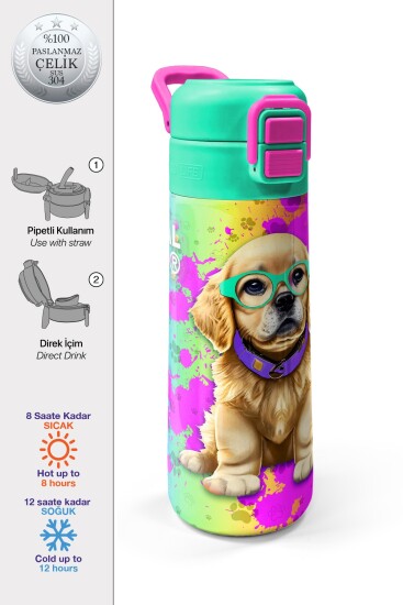 Coral High Kids Mor Pembe Köpek Desenli Pipetli ve Direkt İçim Çelik Termos 500 ml 31813 