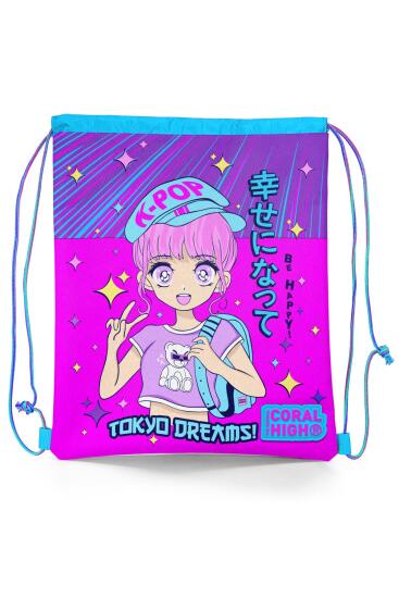 Coral High Kids Mor Pembe Mavi K-Pop Desenli İpli Büzgülü Sırt Çantası 22477 - CORAL HIGH KIDS