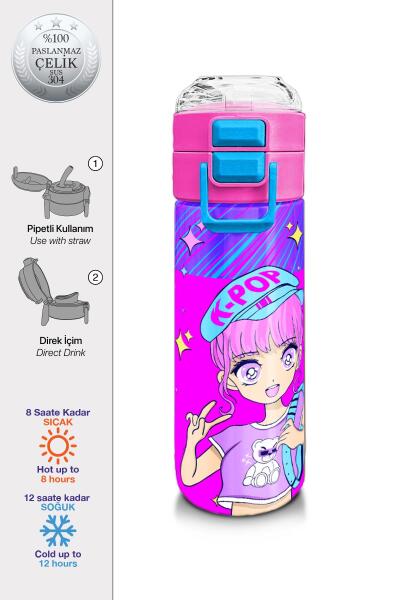 Coral High Kids Mor Pembe Mavi K-PopDesenli Pipetli ve Direkt İçim Çelik Termos 500 ml 31831 - 1