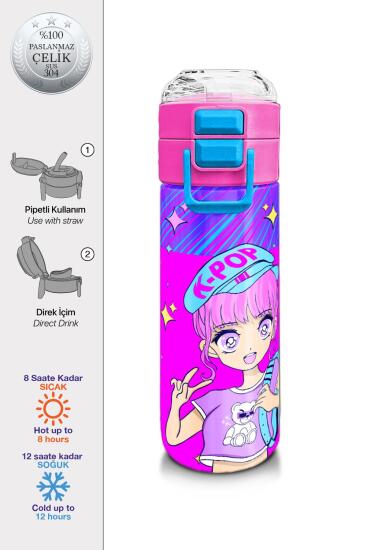 Coral High Kids Mor Pembe Mavi K-PopDesenli Pipetli ve Direkt İçim Çelik Termos 500 ml 31831 - Coral High KIDS
