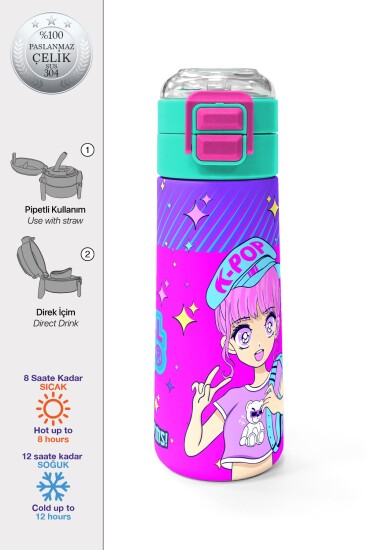Coral High Kids Mor Pembe Mavi K-PopDesenli Pipetli ve Direkt İçim Çelik Termos 500 ml 31831 
